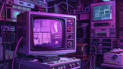 Nostalgic arrangement of retro technology and electronics image. TV screens in cluttered, vintage workspace photography wallpaper. Tech nostalgia concept photorealistic photo