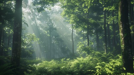 Fototapeta premium Serene forest with sunlight rays piercing through dense foliage photo. Vibrant green ferns, trees in lush woodland image background wallpaper. Peaceful nature concept picture realistic
