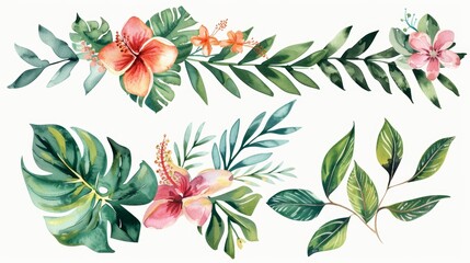 With Stock AI, watercolor of Tropical spring floral green leaves and flowers isolated on transparent background.