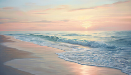 Obraz premium A painting of a beach with a sunset in the background