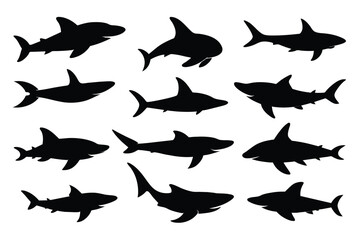 Set of bamboo Shark animal black silhouette vector on white background