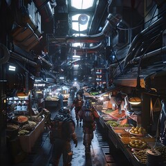 Obraz premium A bustling space market on a space station, with vendors selling alien artifacts, exotic foods, and futuristic gadgets, under the artificial lighting of the station. Created using generative AI.