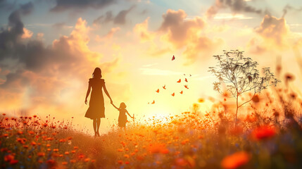 Mother and Child Walking Through Field of Flowers