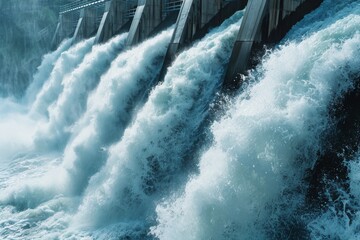 A close-up of the spillway gates of a hydroelectric dam, with water gushing through them