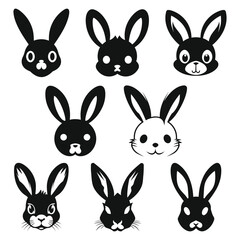 Set of  Cute Bunny Faces Black Color Vector