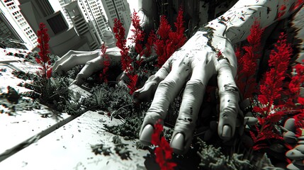 Obraz premium Close-up of decaying hands reaching out from the ground, surrounded by red flowers and overgrown vegetation.