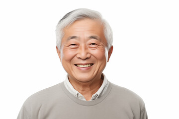 Smiling senior asian man on white background. Topics related to old age. Asian. China. Japan. Retirement home. Retirement. Image for Graphic Designer. Senior residence. AI.