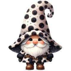 Watercolor cute chubby Gnome wearing dalmatian brown and black luxurious color outfit. Looking cool and rich. Jetset travel Gnome theme.