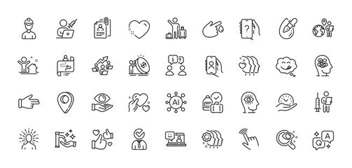 Friends couple, Vaccination appointment and Airport transfer line icons pack. AI, Question and Answer, Map pin icons. Like, Outsource work, Inflation web icon. Vector