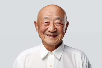 Smiling senior asian man on white background. Topics related to old age. Asian. China. Japan. Retirement home. Retirement. Image for Graphic Designer. Senior residence. AI.
