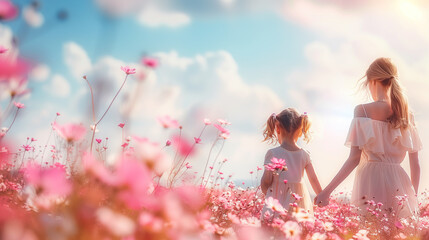 Mother and Daughter Walking Through Field of Flowers