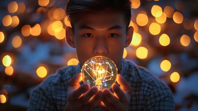 Asian boy holds lightbulb against backdrop of golden bokeh closeup image. Sparking of new ideas. Male close up photography marketing. Inspiration imagination concept photo realistic