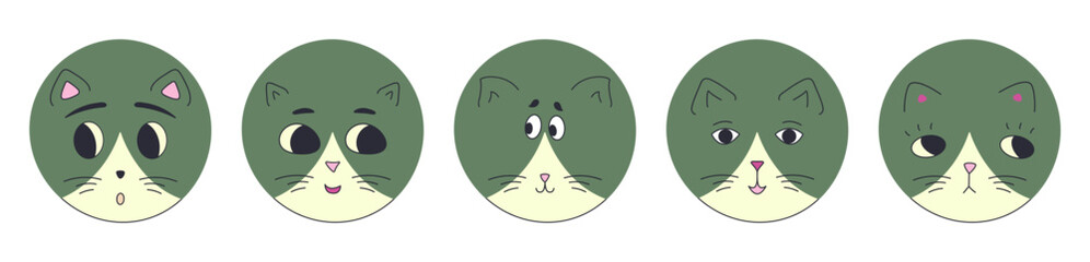 Avatar collection, black eyes cats. Facial expressions, diverse faces, pet illustration. For wrapping paper, textile, branding.