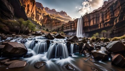 photorealistic image of a cascading series of waterfalls within a remote canyon the water gracefully flowing through the rugged terrain, Generative AI