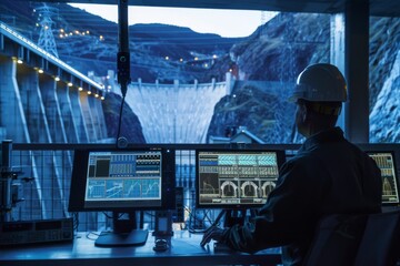 A high-tech monitoring station overlooking a hydroelectric dam, with engineers analyzing data