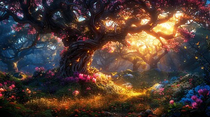 Magical forest scene with glowing trees and flowers.