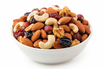 A variety of mixed nuts and dried fruits in a white bowl, perfect for a healthy snack or nutritious addition to your diet.