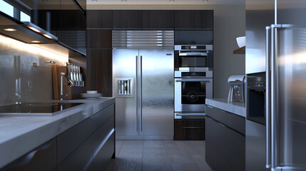 Modern Kitchen with State-of-the-Art Stainless Steel Appliances, Featuring a Double-Door Refrigerator, Built-In Oven, and Microwave for a Sleek, Functional Design