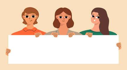 Banner with different women. Cute girlish face. Woman's day concept. Flat vector cartoon design.
