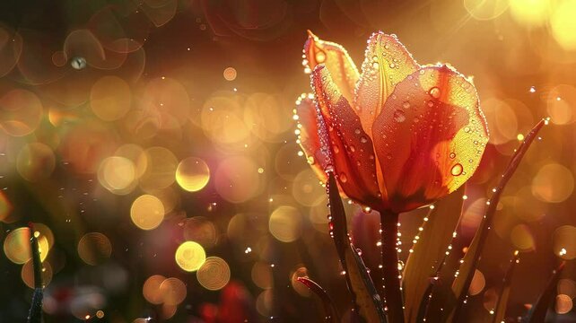 close up bokeh effect fresh golden tulip bud with splash dew in  the golden hours image video HD 4K a background for bio diversity day or tulip time