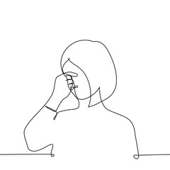 woman stands holding the bridge of his nose - one line art vector. concept of fatigue, cringe
