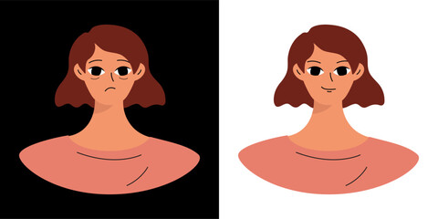 Concept of emotions before and after. Cartoon cute girlish face. Woman with a sad and joyful face. Isolated vector.