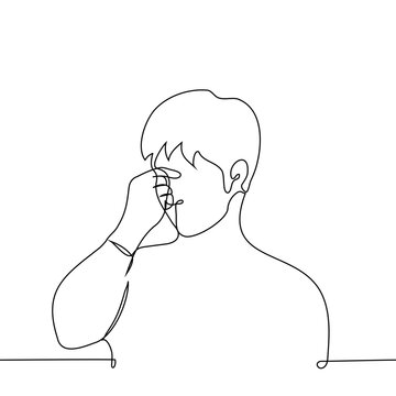 recommend clip art: man stands holding the bridge of his nose - one line art vector. concept of fatigue, cringe