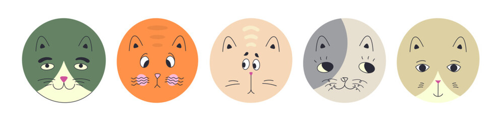Diverse personages, black eyes cats. Cartoon mascots, variety feelings, kitten portrait. Cute creative vector design.