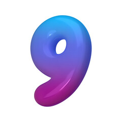 3D Style Number 9. Rendered Digit Nine Illustration in Gradient Blue and Violet. Glossy Inflatable Numbers. Vector illustration