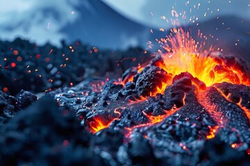 Lavastrom vom Vulkankrater beim Ausbruch in Nahaufnahme