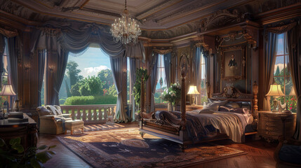 A romantic bedroom with a four-poster bed, a crystal chandelier, and a private balcony overlooking a garden. 