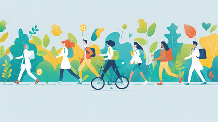 Group of People Walking and Riding Bikes