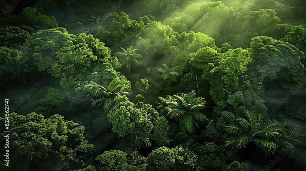 Poster aerial view of a lush green tropical rainforest with sunlight filtering through the dense canopy, cr