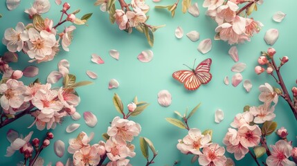 Springtime. Beautiful Butterfly and Floral Blossoms on Turquoise Blue Background