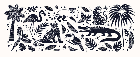 Stickers silhouettes exotic tropical leaves, tigers, crocodile and wild animals, birds, jungle plants, palm trees, monstera leaves and flowers. Set of vector jungle stickers in cartoon retro style