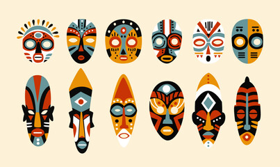 Totemic African tribal masks. Set of ritual mythological ethnic aboriginal face masks. African Tropical Hawaiian Culture Stickers Set