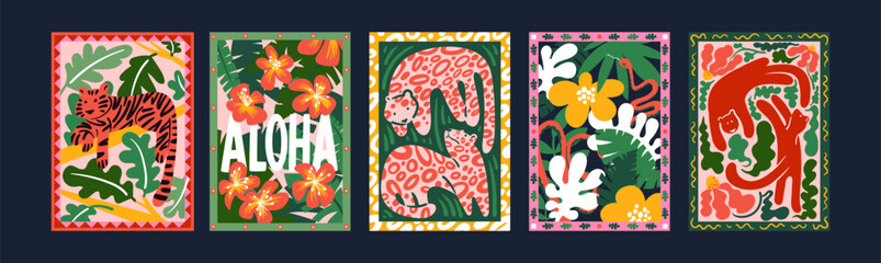 Abstract tropical posters with tigers and leaves in a 90s retro cartoon style. Asian and Chinese motifs, floral pattern with tigers and leorards. © Limpreom
