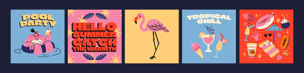 Pool party, cartoon poster of characters, inflatable rings, palm trees, sun loungers. Summer party vector banner in retro doodle 90s style