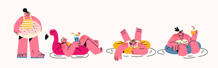 Cartoon characters in the pool on inflatable rings in the pool. Pool party, girls relax on a rubber circle mattress with cocktails. Trendy doodle groovy mascots in retro style