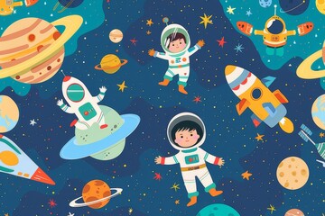 Cute Cartoon Astronauts in Outer Space