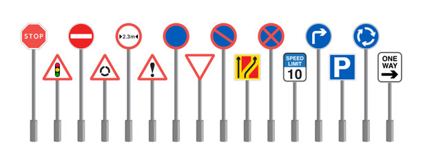 Realistic European Road Signs on Poles. Set of road signs, Traffic signs. No entry, Parking, Speed Limited, Stop and Roundabout ahead Traffic Symbol. Vector.