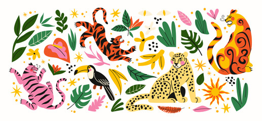 Stickers exotic tropical leaves, tigers, leopards and wild animals, birds, jungle plants, palm trees, monstera leaves and flowers. Set of vector jungle stickers in cartoon retro style