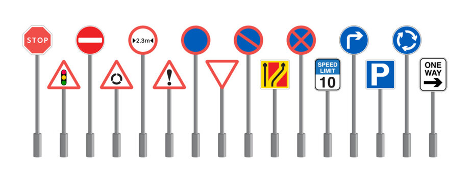 Naklejki Realistic European Road Signs on Poles. Set of road signs, Traffic signs. No entry, Parking, Speed Limited, Stop and Roundabout ahead Traffic Symbol. Vector.
