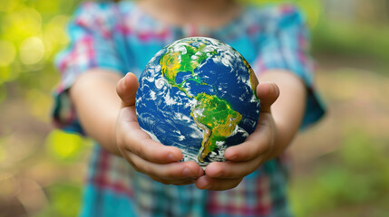 Young Child Holding a Small Globe in Nature to Celebrate Earth Day