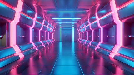 Fototapeta premium Futuristic Sci-Fi Interior with Blue and Pink and Purple Neon Lights, Spaceship Corridor Design, Product Background