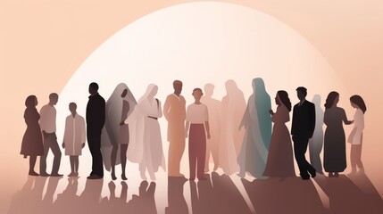 Group side silhouette men and women of different culture