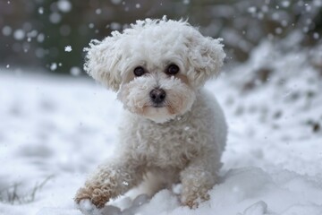 Energetic Bitchon dog snow. Happy pet. Generate Ai