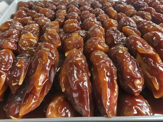 dates close up. date palm background. Date palm on a traditional craftsman market.Horizontal image.