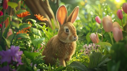 Adorable rabbit with soft fur sitting in a lush green meadow, vibrant flowers and detailed surroundings, highly realistic