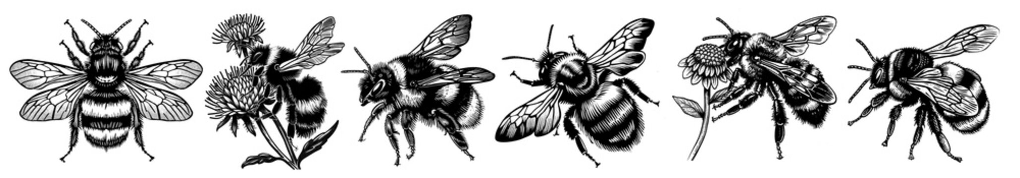 Woodcut bee illustration set, vintage engraving style
